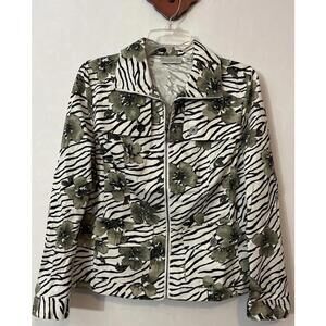 Studio Works Petite Medium Animal-Print Floral White Zip-Up Cotton Jacket! A6782
